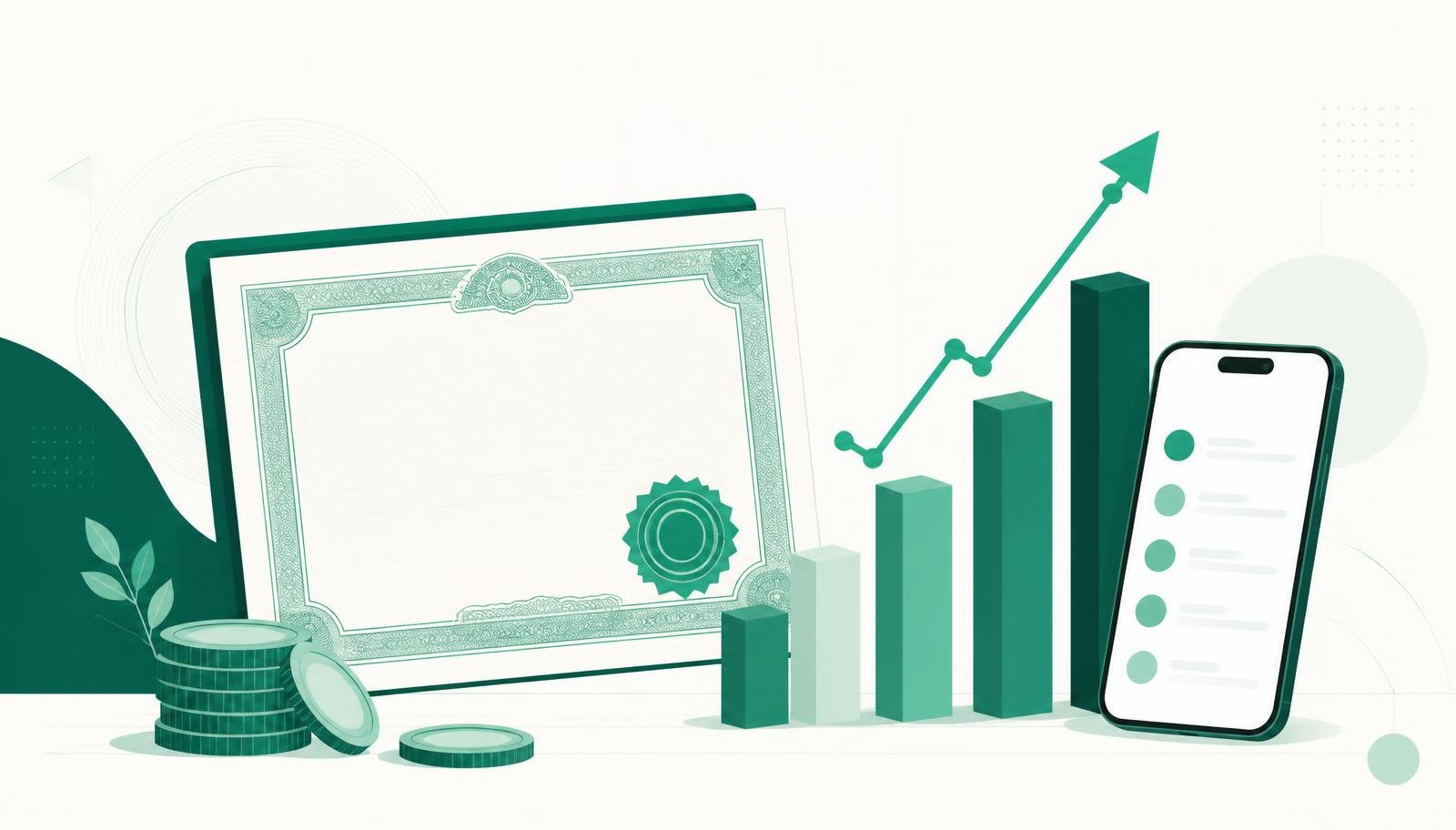 Illustration of a share certificate, a rising green market chart and a phone showing demat holdings, representing buying unlisted shares in India